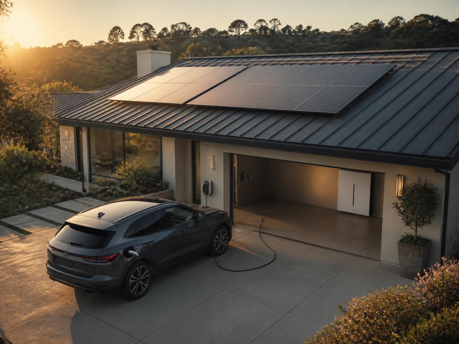 A modern home at golden hour with rooftop solar panels, wall-mounted battery storage, and an electric vehicle charging in the driveway.